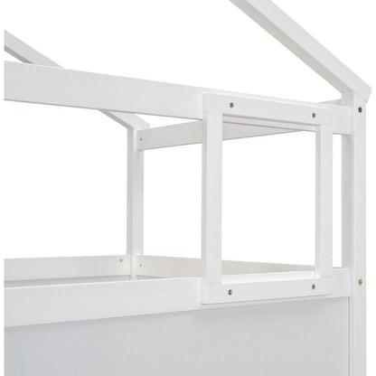 Twin over Full House Bunk Bed with Storage Staircase and Blackboard,White
