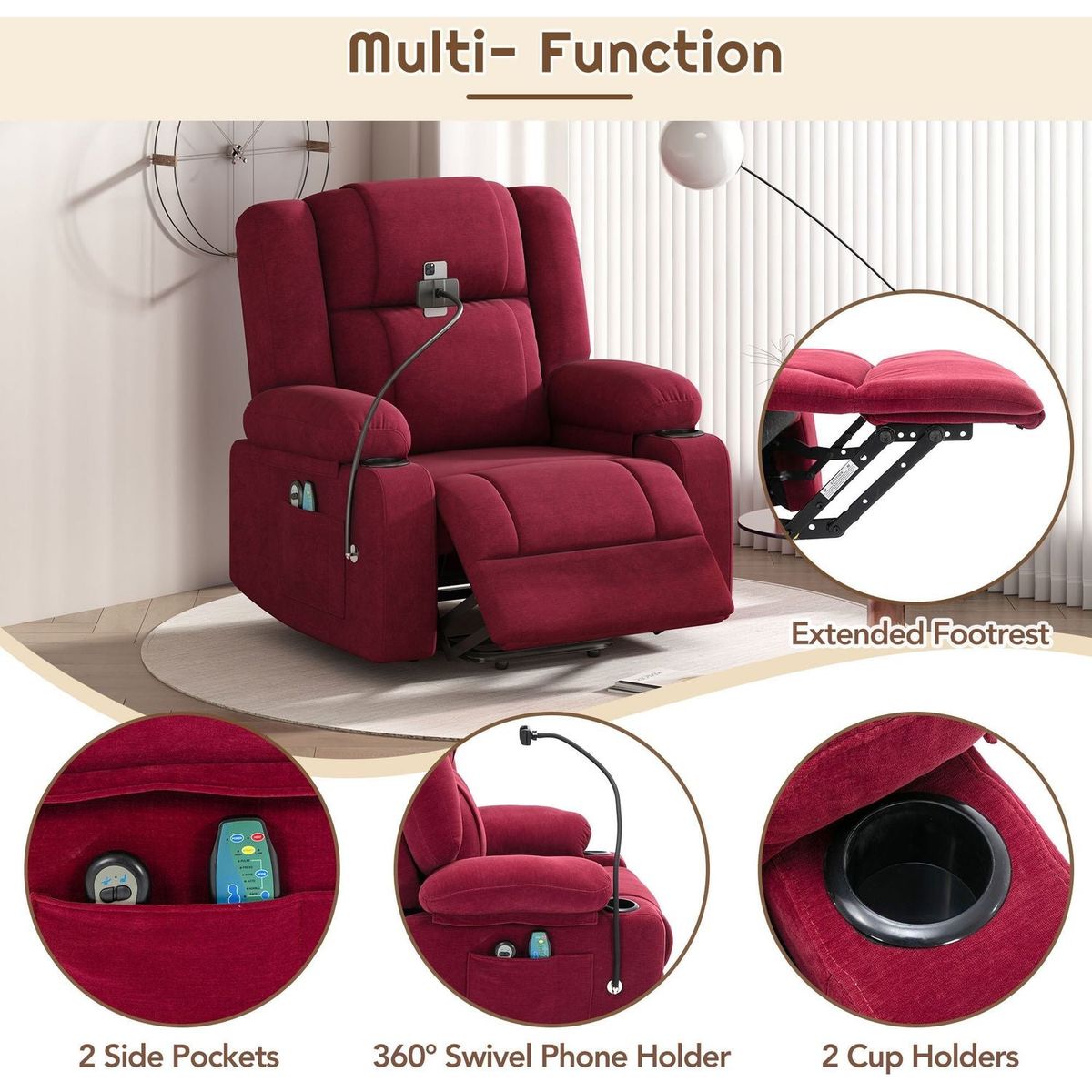 Power Lift Recliner Chair Electric Recliner for Elderly Recliner Chair with Massage and Heating Functions, Remote, Phone Holder Side Pockets and Cup Holders for Living Room, Red