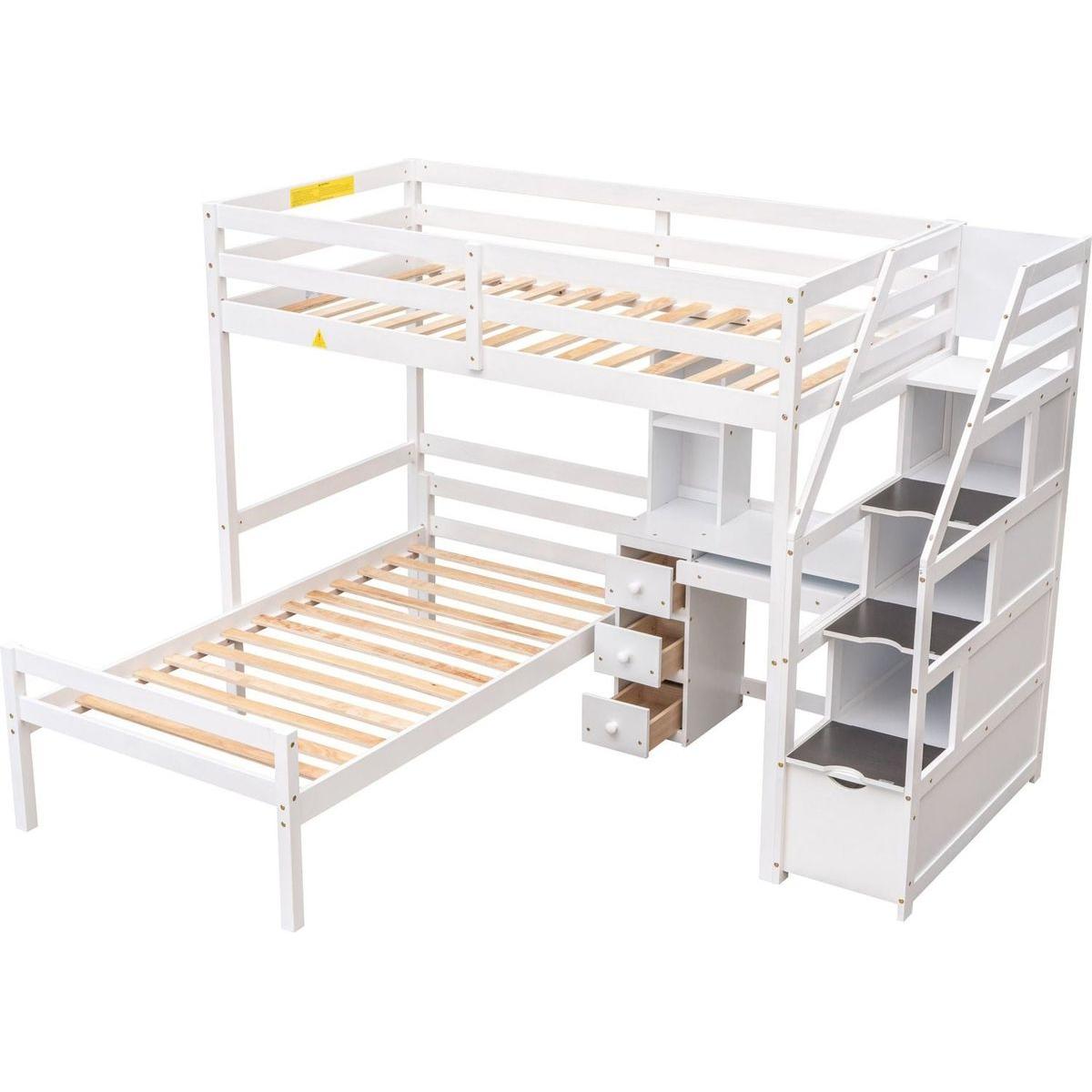Twin Size Loft Bed with a Stand-alone Bed, Storage Staircase, Desk, Shelves and Drawers, White