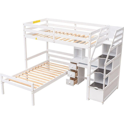 Twin Size Loft Bed with a Stand-alone Bed, Storage Staircase, Desk, Shelves and Drawers, White