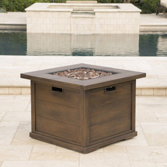 Patio Outdoor 24" H x 32" W Square Gas Burning Concrete Fire Pit Wood Pattern - Brown - 40,000 BTU
