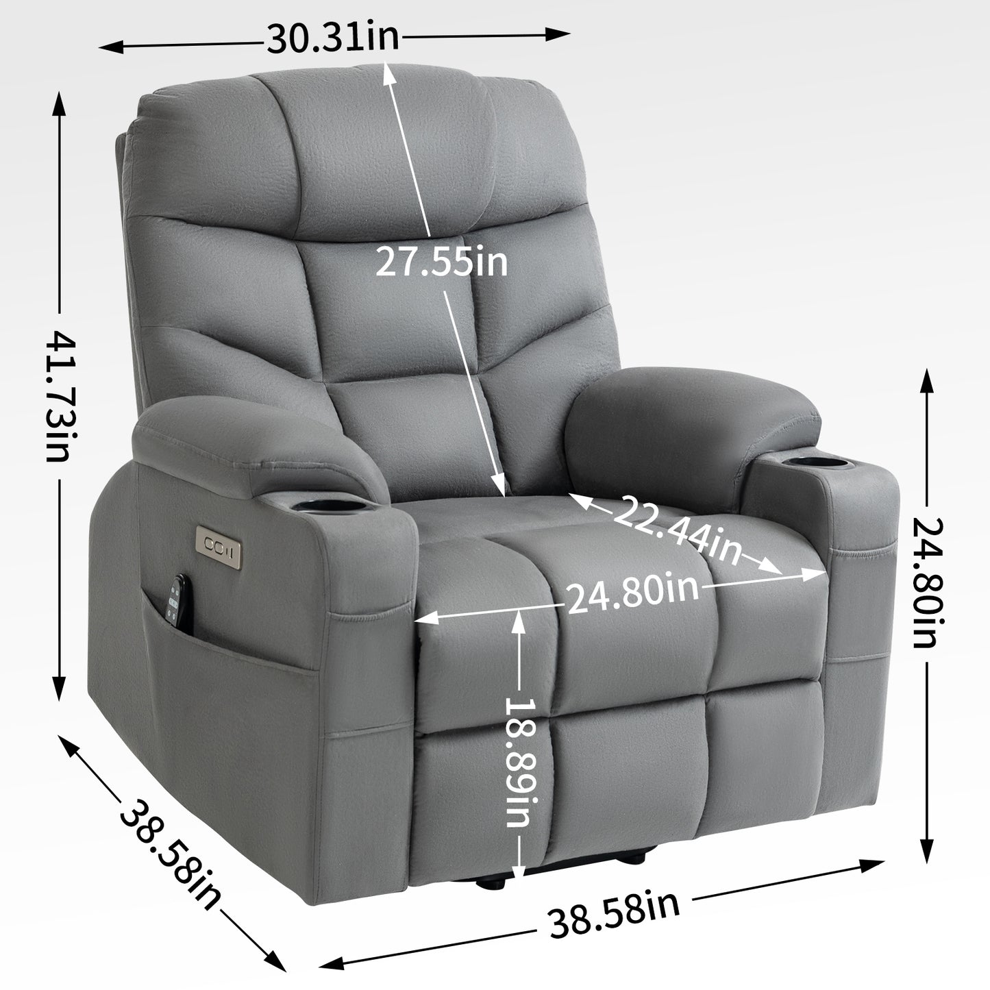 Okin Motor Up to 350 LBS Power Lift Recliner Chair, Heavy Duty Motion Mechanism with 8-Point Vibration Massage and Lumbar Heating, Cup Holders, USB and Type-C Ports, Removable Cushions, Grey