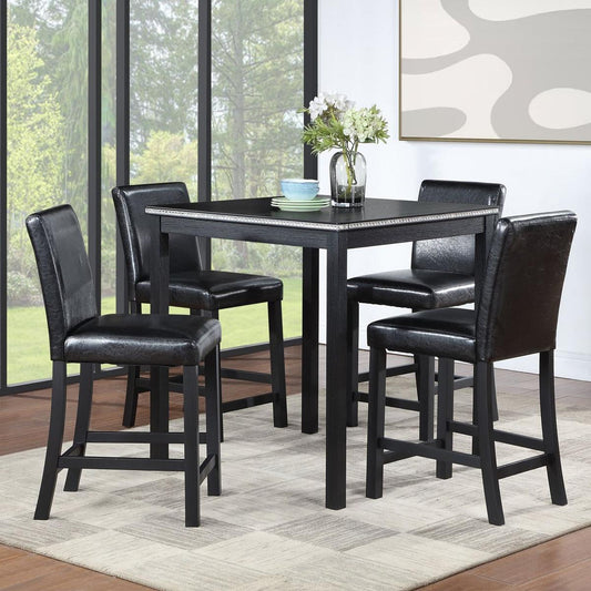 5 Piece Counter Height Table Set, Wooden Kitchen Table Set with Square Table and 4 Upholstered Chairs, Counter Height Dining Table with Crystal Decoration and Chair Set for Kitchen, Dining Room,Black
