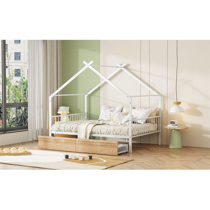 Full Size Metal House Bed with Two Drawers, White