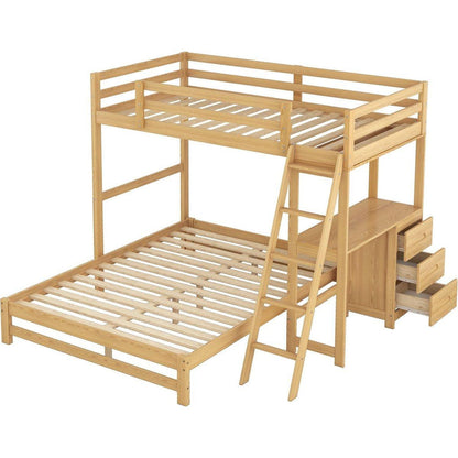 Twin over Full Bunk Bed with Built-in Desk and Three Drawers,Natural