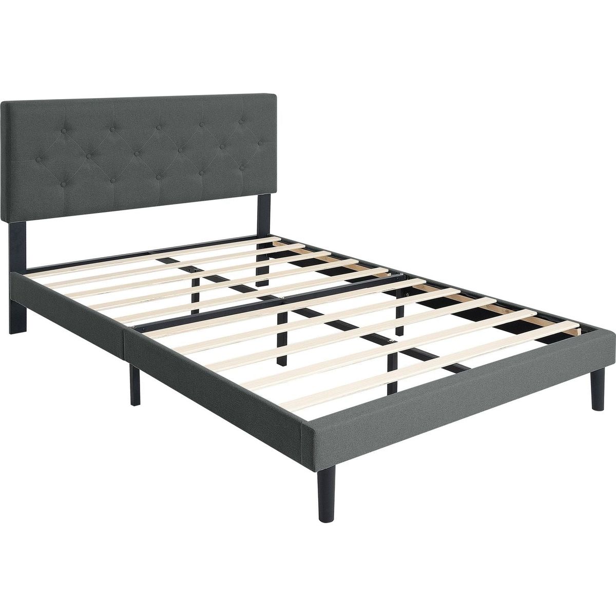 Queen Size Upholstered Platform Bed Frame with Modern Button Tufted Linen Fabric Headboard, No Box Spring Needed, Wood Slat Support, Easy Assembly, Dark Grey