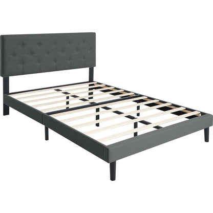 Queen Size Upholstered Platform Bed Frame with Modern Button Tufted Linen Fabric Headboard, No Box Spring Needed, Wood Slat Support, Easy Assembly, Dark Grey