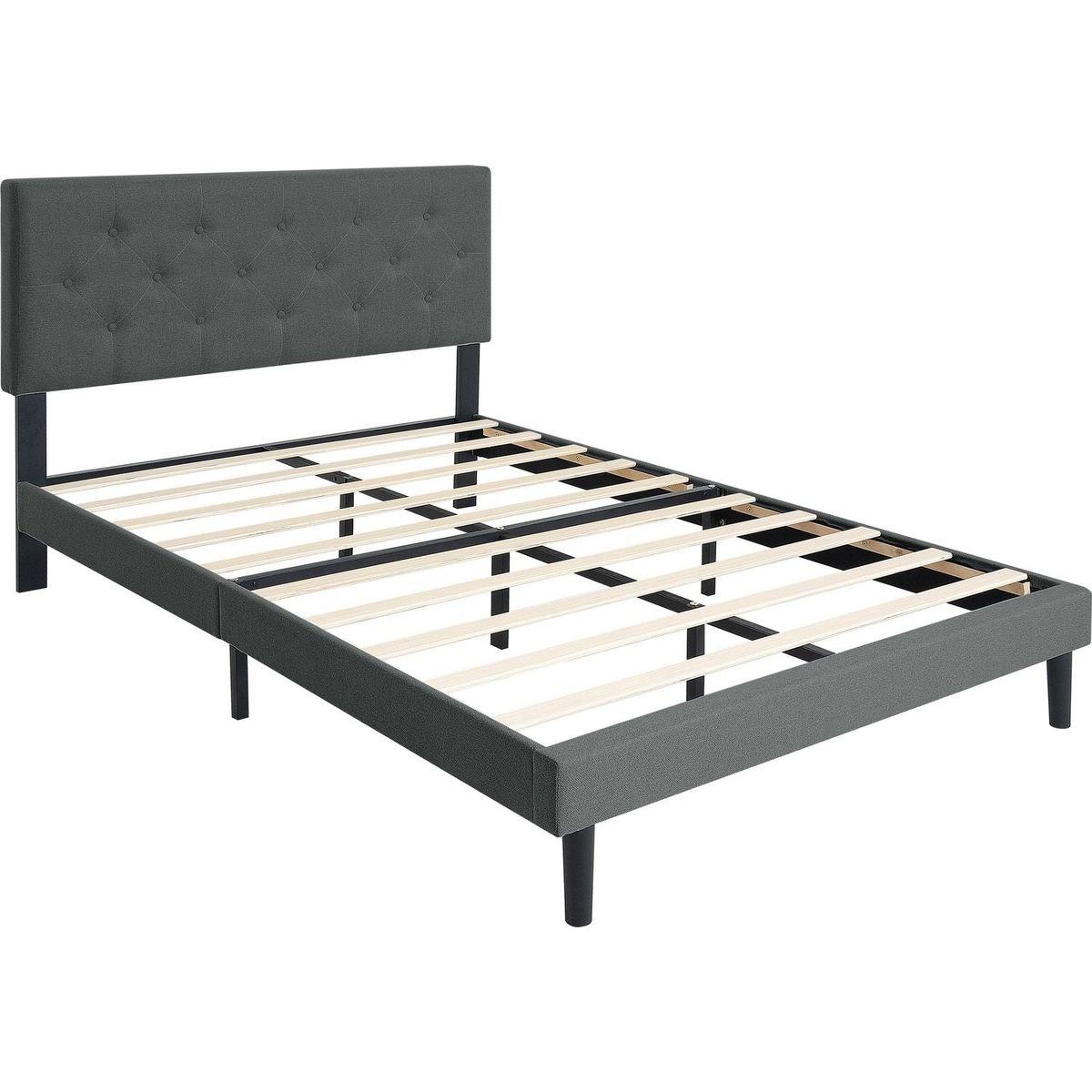Twin Size Upholstered Platform Bed Frame with Modern Button Tufted Linen Fabric Headboard, No Box Spring Needed, Wood Slat Support, Easy Assembly, Drak Grey