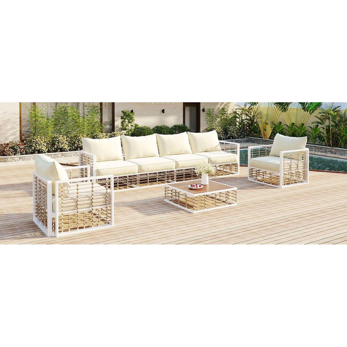 Modern Minimalist 7-Piece Metal Patio Sectional Sofa Set, All-Weather Garden Conversational Furniture Set with Thick Cushions and Coffee Table for Indoor Outdoor, White