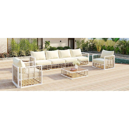 Modern Minimalist 7-Piece Metal Patio Sectional Sofa Set, All-Weather Garden Conversational Furniture Set with Thick Cushions and Coffee Table for Indoor Outdoor, White