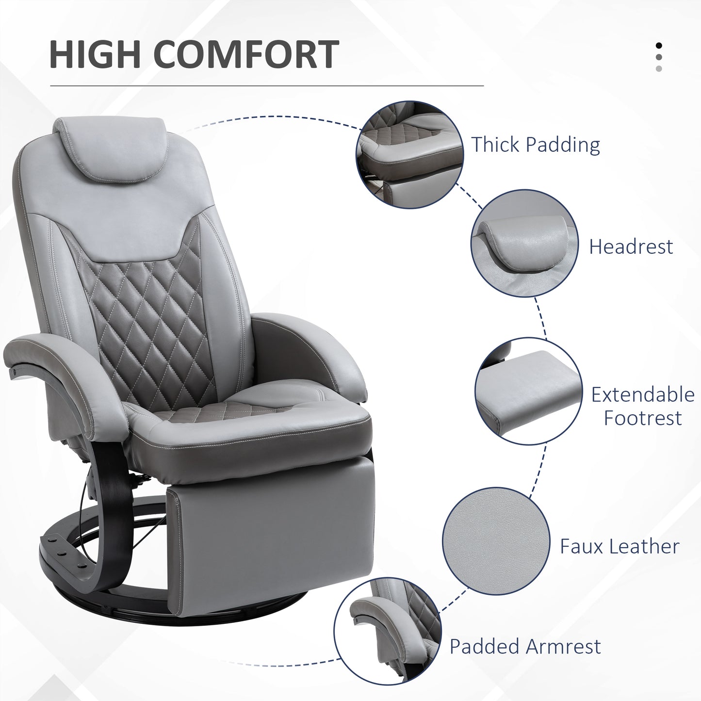 PU Recliner Armchair with Footrest, Headrest, and Round Steel/Wood Base