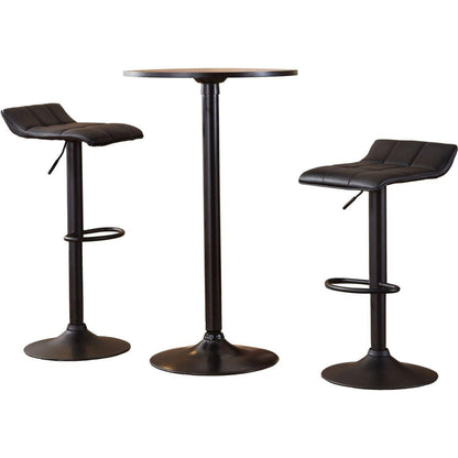 Belham Black Round Top with Black Leg And Base Metal Bar Table and 2 Swivel Black Bonded Leather Adjustable Bar Stool Bar Sets