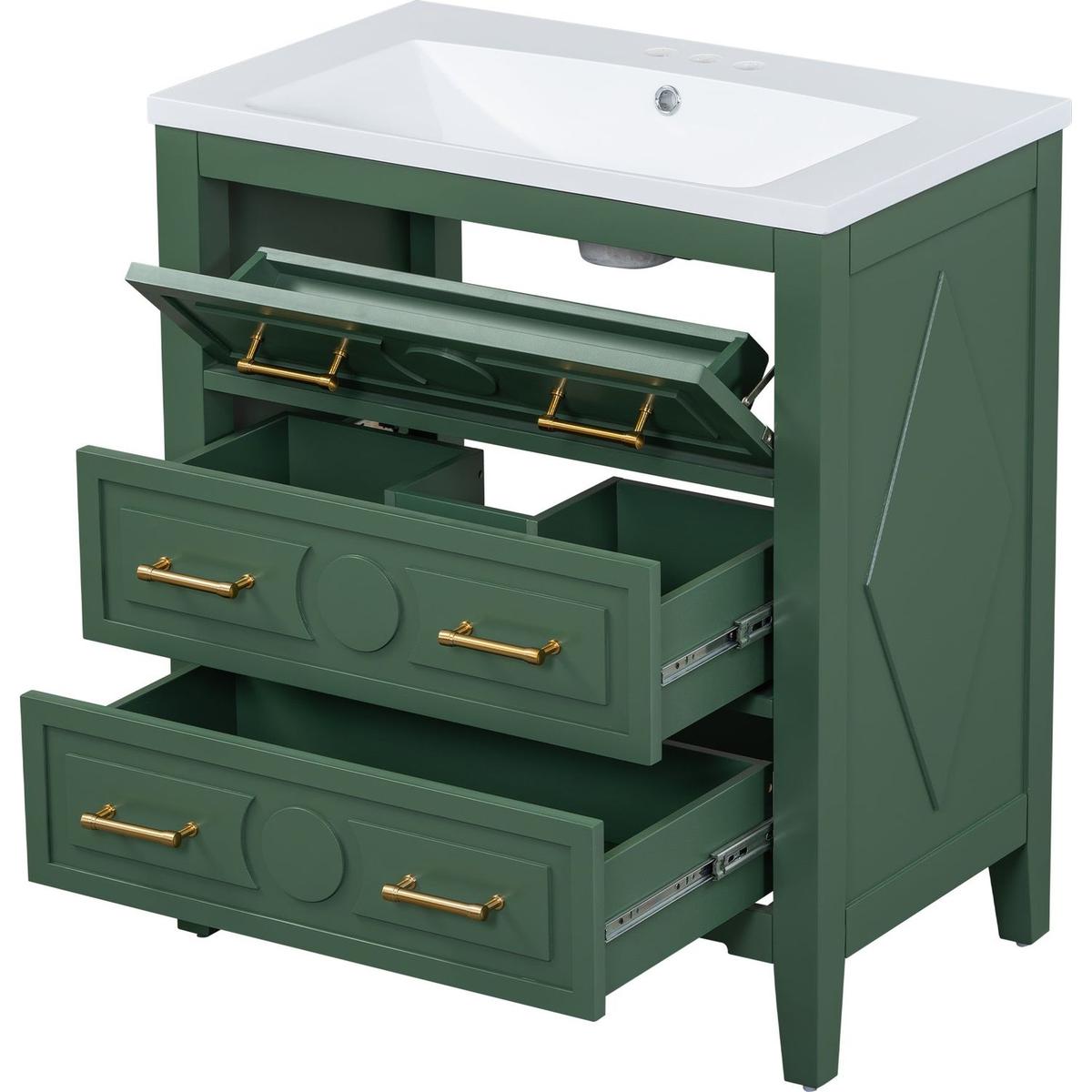 30" Bathroom Vanity with Resin Sink Combo, Free Standing Single Vanity Set with 3 Drawers, Solid Wood Frame Bathroom Storage Cabinet, Green