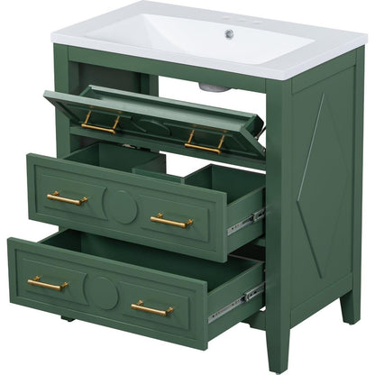 30" Bathroom Vanity with Resin Sink Combo, Free Standing Single Vanity Set with 3 Drawers, Solid Wood Frame Bathroom Storage Cabinet, Green