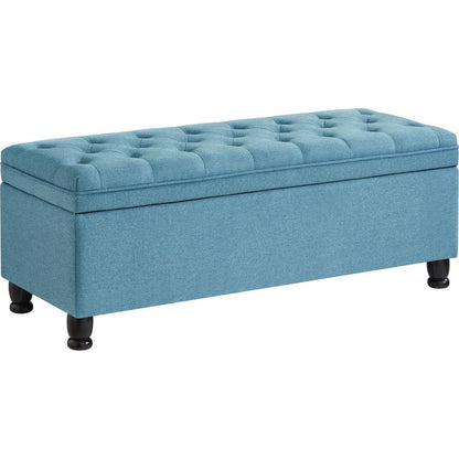 Upholstered tufted button storage bench, Linen fabric entry bench with spindle wooden legs, Bed bench- Light Blue