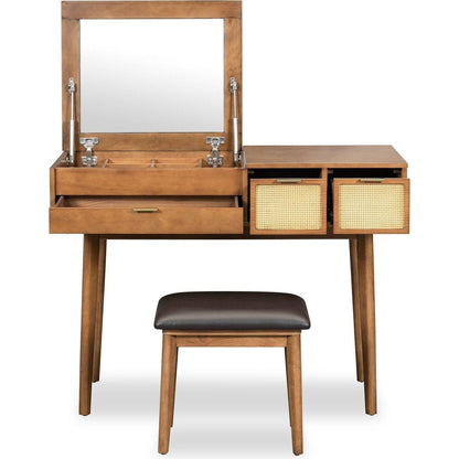 43.3" Classic Wood Makeup Vanity Set with Flip-top Mirror and Stool, Dressing Table with Three Drawers and storage space, Brown