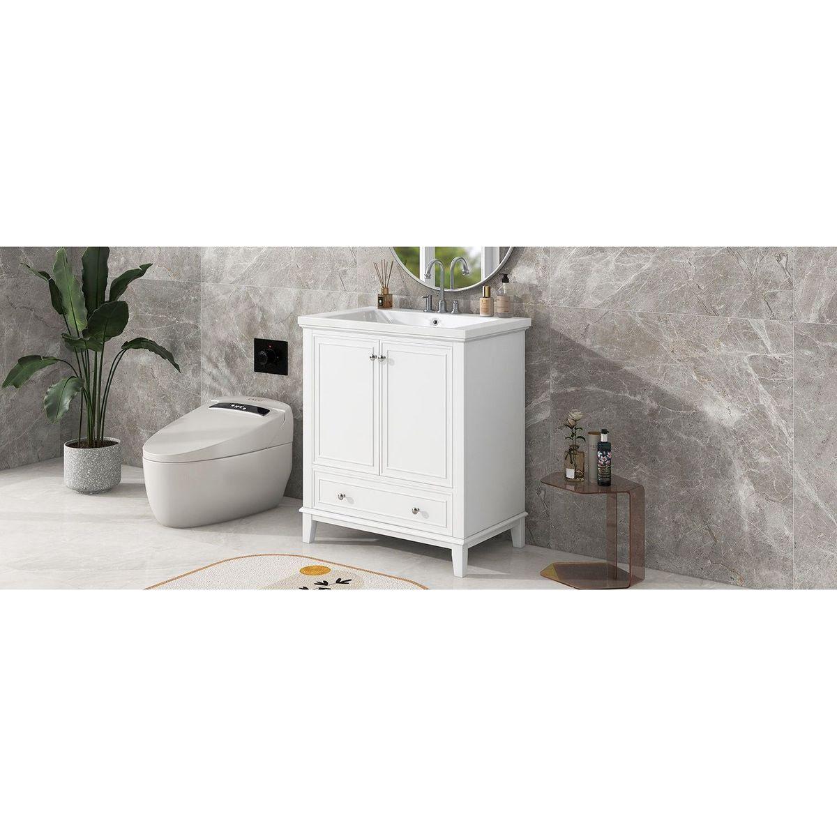 30" Bathroom Vanity with Sink Combo, Multi-functional Bathroom Cabinet with Doors and Drawer, Solid Frame and MDF Board, White