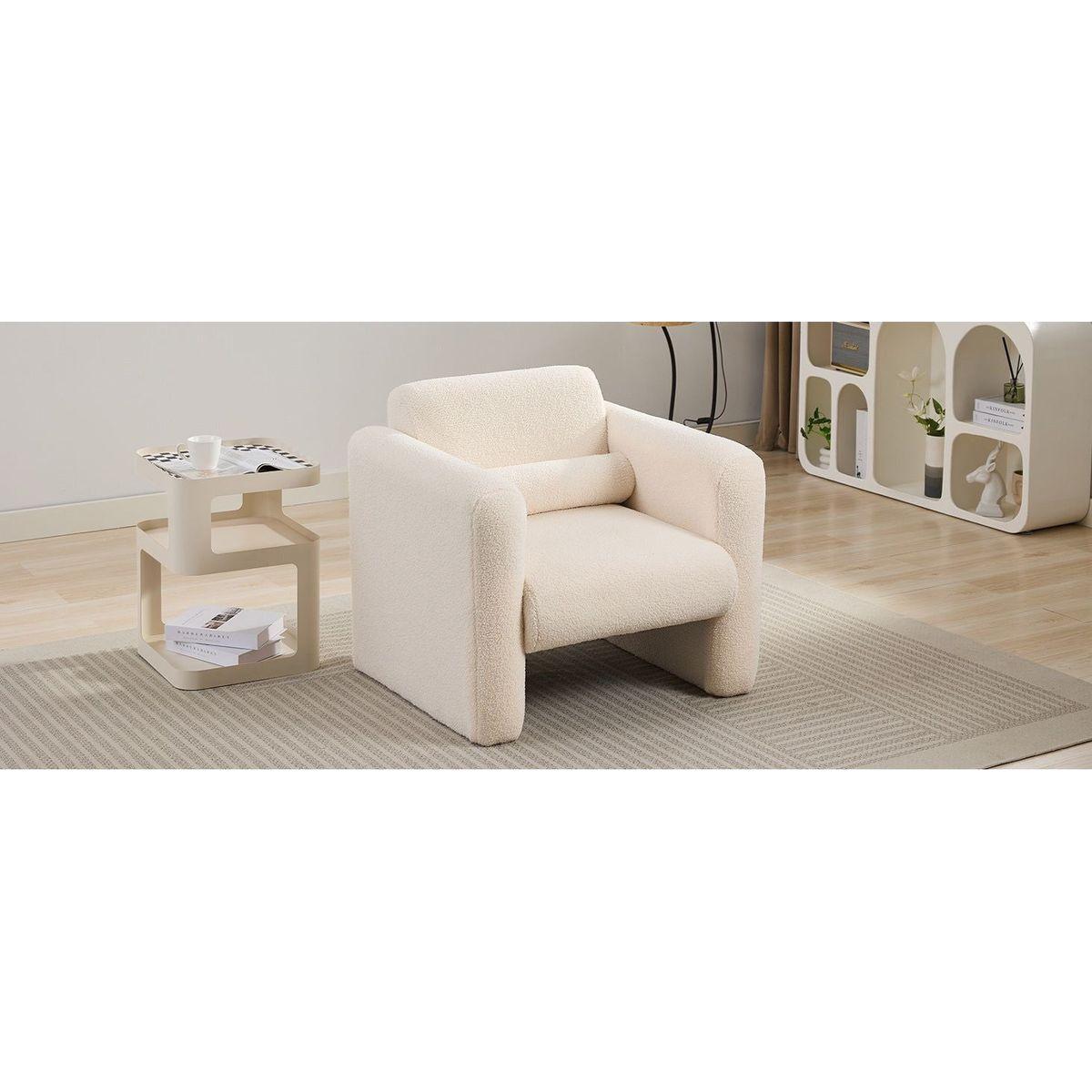 Modern Accent Chair Lambskin Sherpa Fabric Upholstered Comfy Reading Arm Chair Soft Padded Armchair with Back and Pillow for Living Room Bedroom Reception Waiting Room Office, Cream