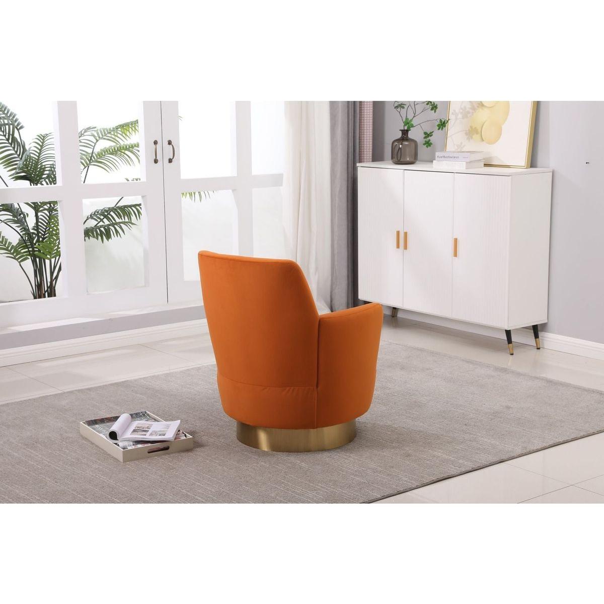 Velvet Swivel Barrel Chair, Swivel Accent Chairs Armchair for Living Room, Reading Chairs for Bedroom Comfy, Round Barrel Chairs with Gold Stainless Steel Base (Orange)