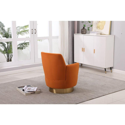 Velvet Swivel Barrel Chair, Swivel Accent Chairs Armchair for Living Room, Reading Chairs for Bedroom Comfy, Round Barrel Chairs with Gold Stainless Steel Base (Orange)