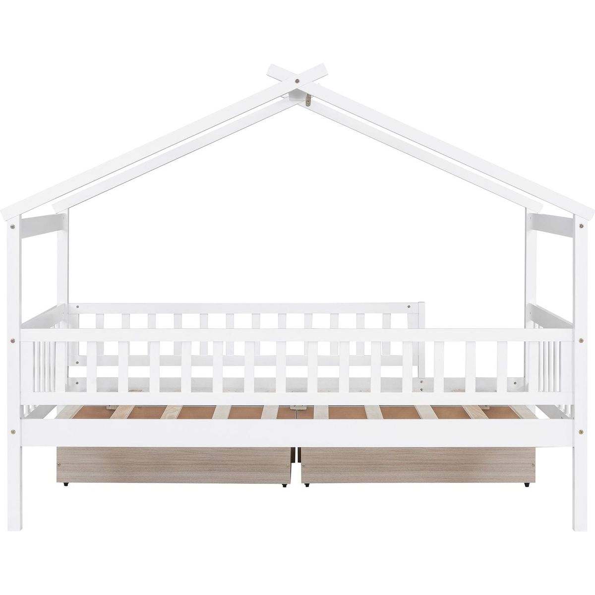 Twin Size Wooden House Bed with Two Drawers, White