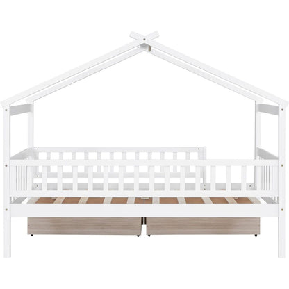 Twin Size Wooden House Bed with Two Drawers, White
