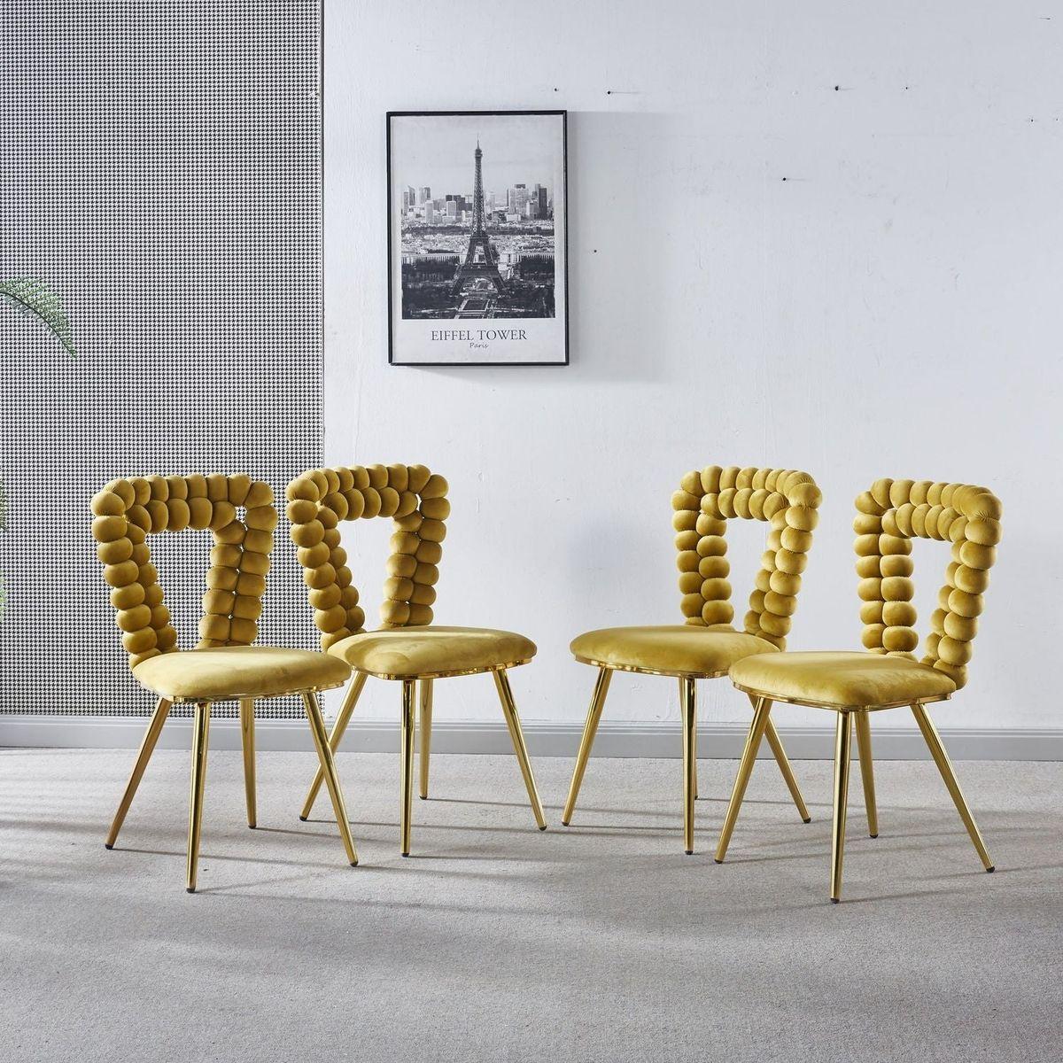 yellow and gold Modern chair(set of 4 ) with iron tube legs, soft cushions and comfortable backrest, suitable for dining room, living room, cafe,hairball back