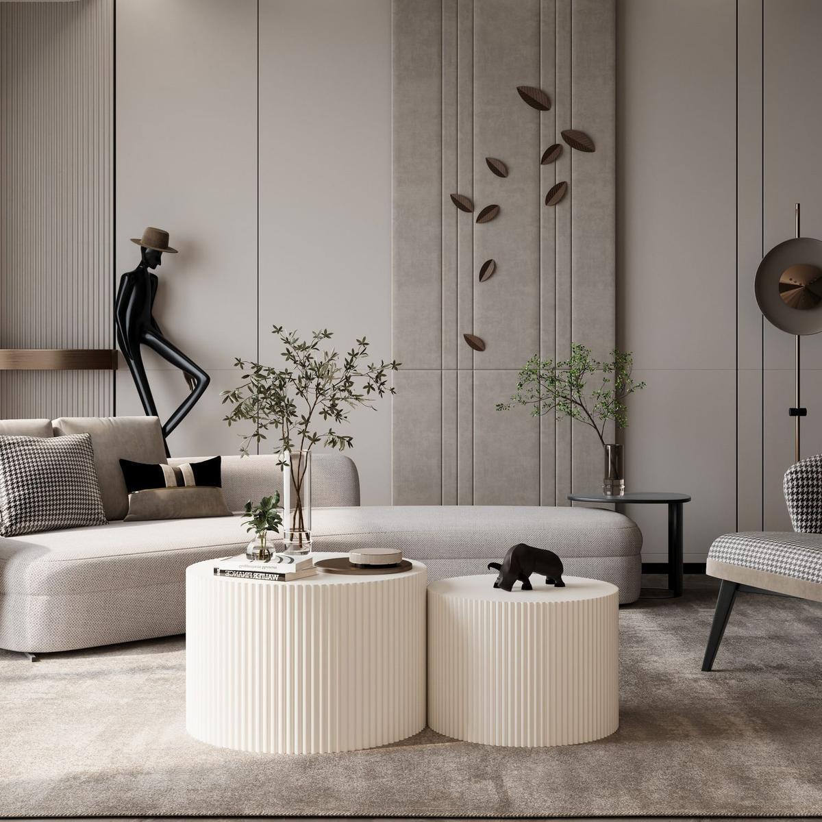 Wave Stripe Nesting Coffee Table Set for Living Room, Bedroom, Beige(Set of 2 Pieces)