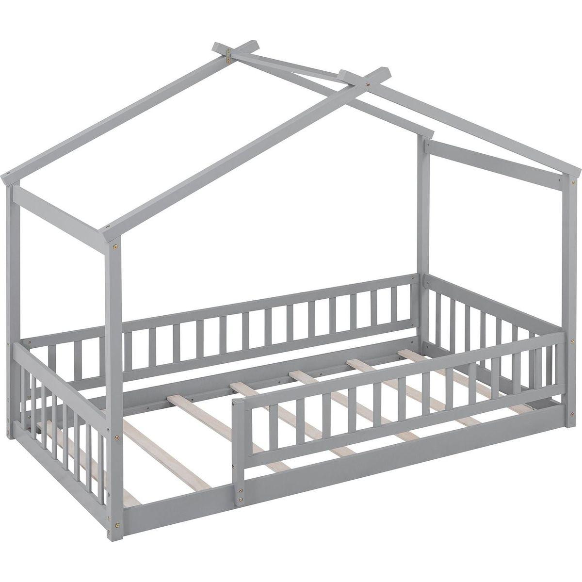 Twin Size Wood Bed House Bed Frame with Fence, for Kids, Teens, Girls, Boys, Gray