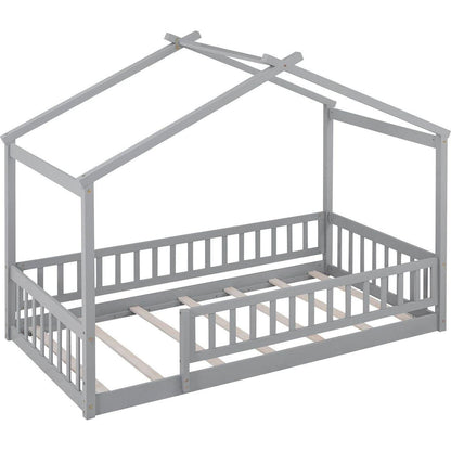 Twin Size Wood Bed House Bed Frame with Fence, for Kids, Teens, Girls, Boys, Gray