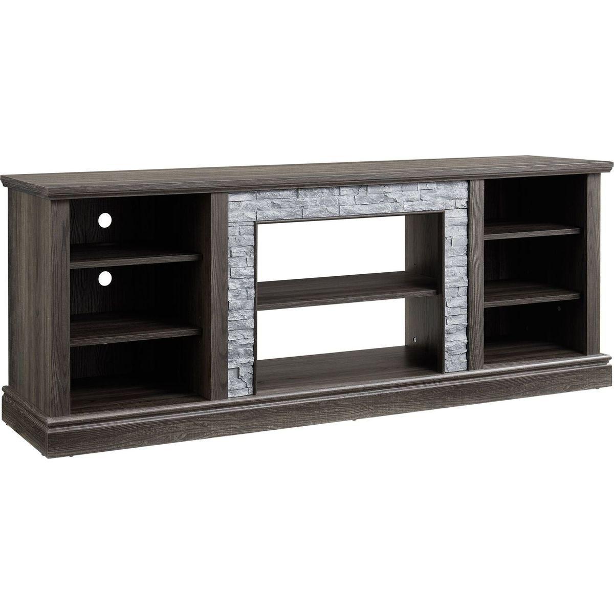 Large TV Stand TV Desk Storage Rack with Faux Stacked Stone Surround,Media Console Table with Large Storage Cabinet,Modern TV Media Entertaionment Stand,GREY, 70.12"Wx15.35"Dx25.83"H