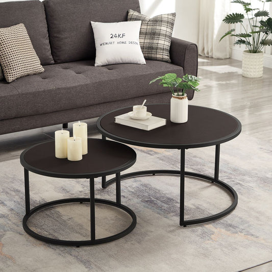 Modern Faux Leather Nesting Round Coffee Table with Golden Metal Base,Accent Tea Table for Living Room Set of 2