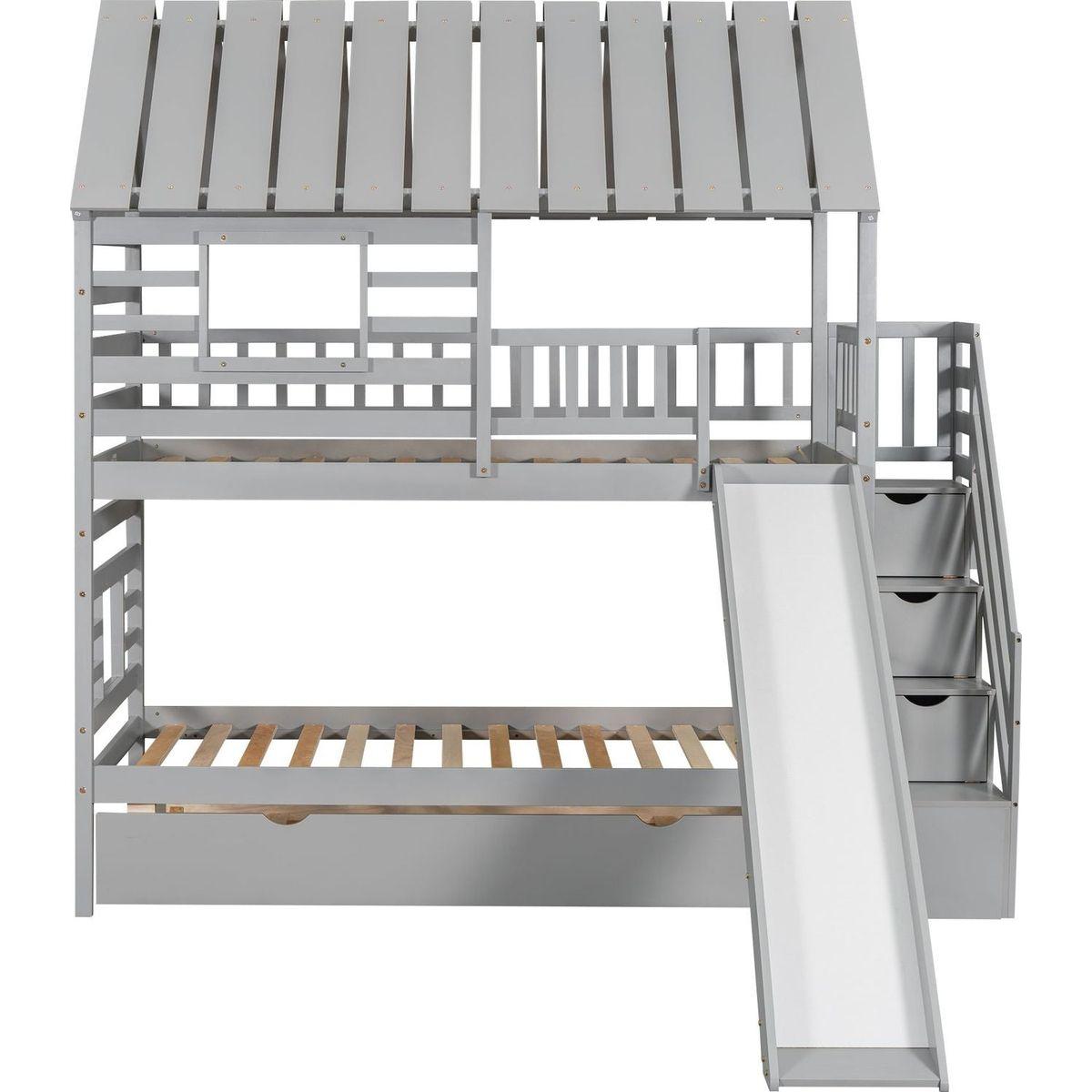 Twin over Twin House Bunk Bed with Trundle and Slide, Storage Staircase, Roof and Window Design, Gray