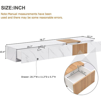 TV Stand with Faux Marble and Walnut Wood Grain Finish for TVs up to 88", Modern Free-Combination Entertainment Center with 4 Storage Drawers for Living Room, White