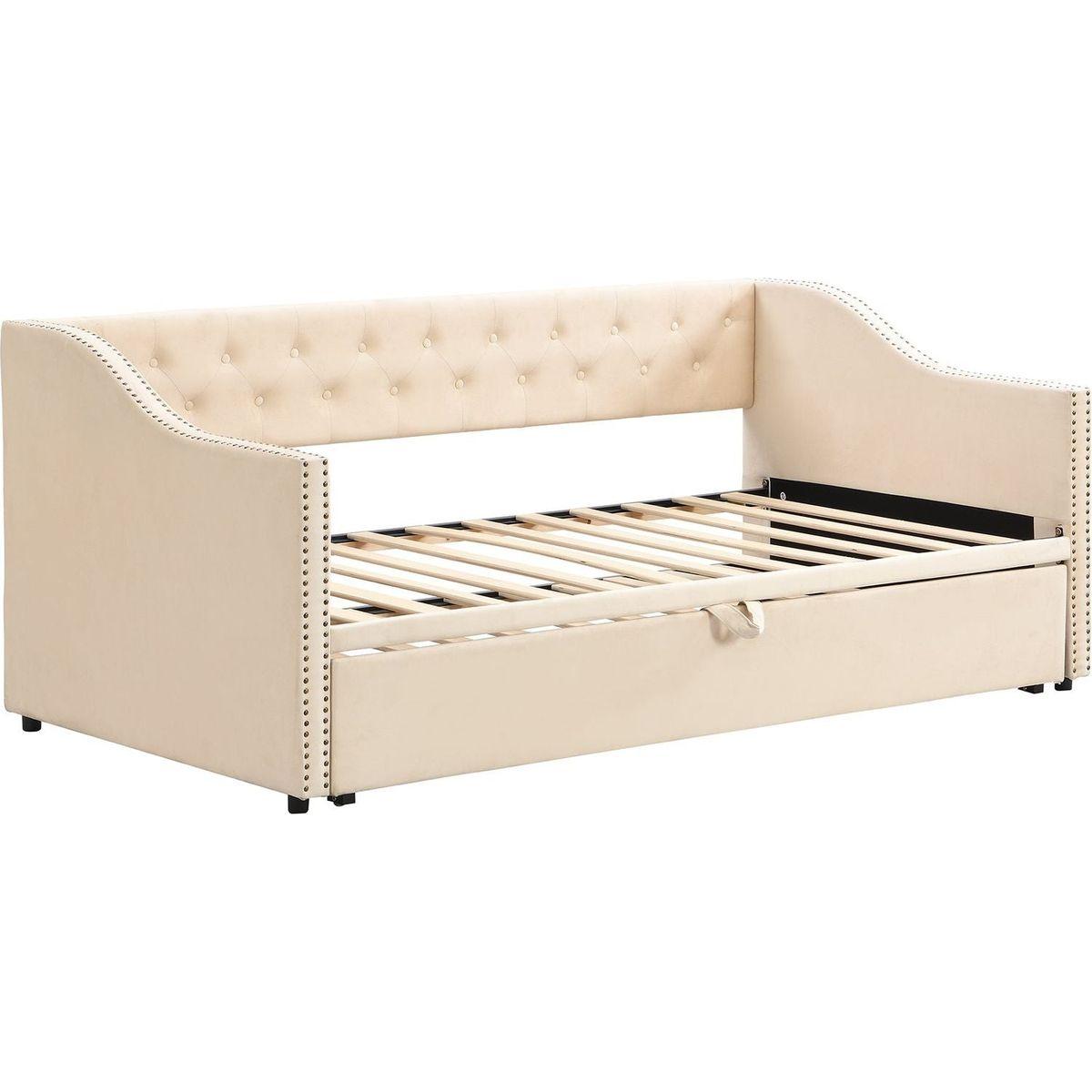 Twin Size Upholstered daybed with Pop Up Trundle, Beige