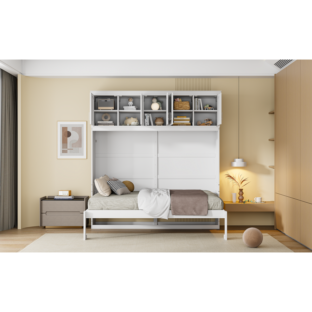 Full Size Murphy Bed Wall Bed with Top Cabinets,White