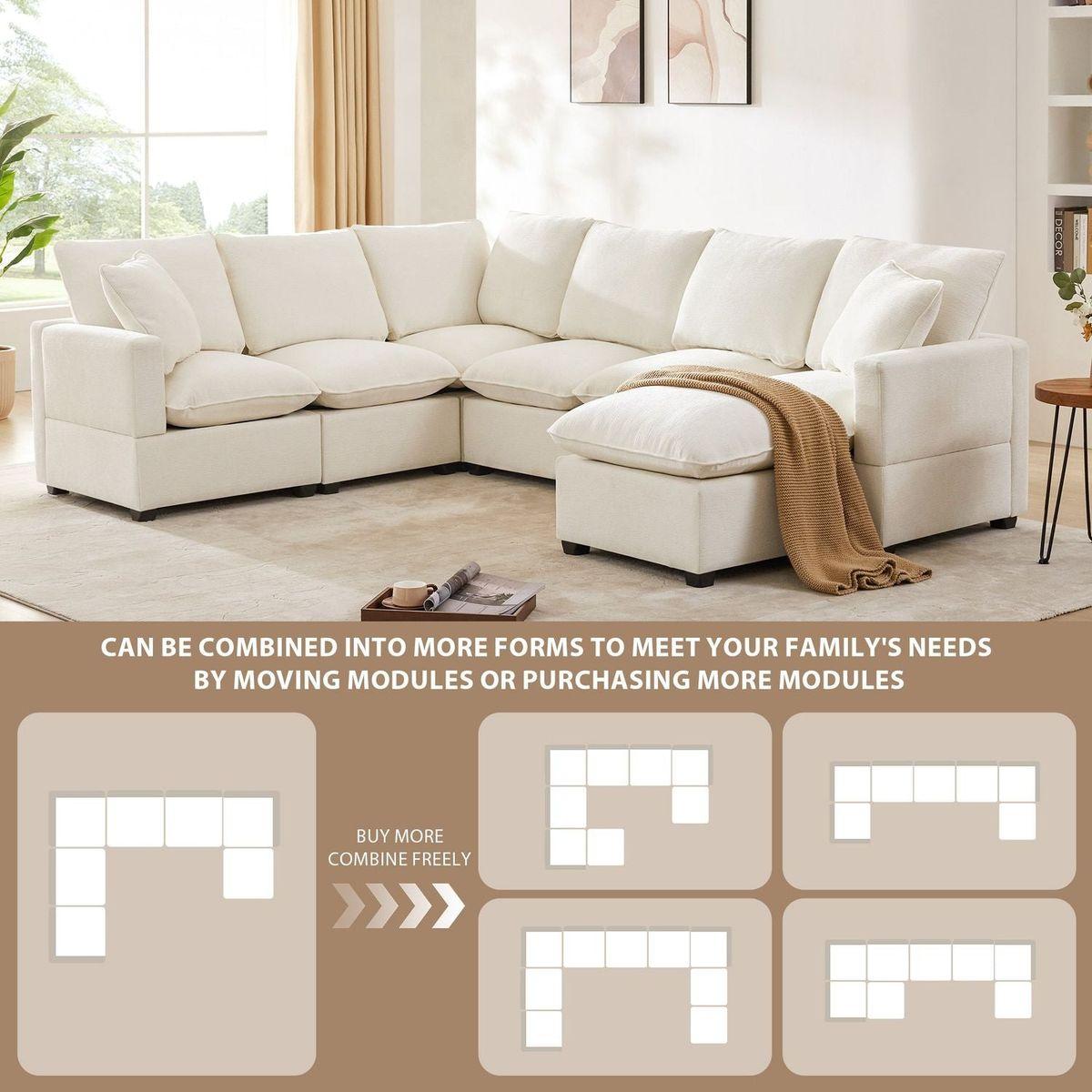 110x84" Modern U Shape Modular Sofa, 7 Seat Chenille Sectional Couch Set with 2 Pillows Included, Freely Combinable Indoor Funiture for Living Room, Apartment, Office, 2 Colors