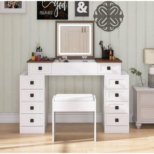 Vanity Desk with Dimmable LED Light with 10 Drawers, Makeup Table with Flip Up Mirror for Space-saving,Large Storage Vanity Table Set with Stool and Drawers, White+Walnut Finish