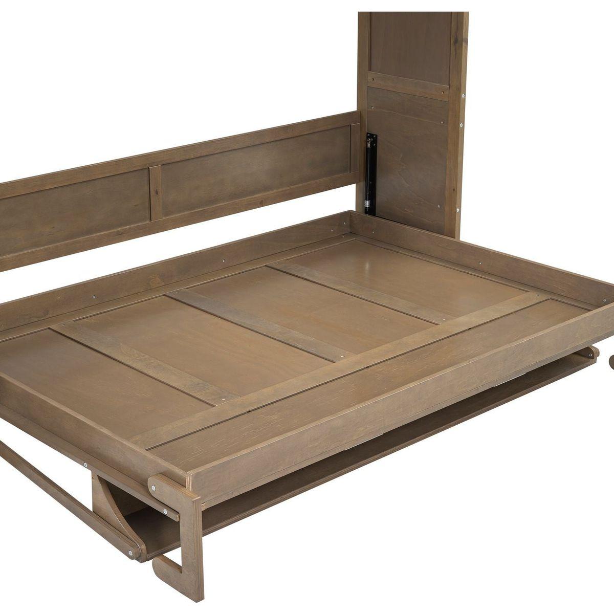 Full Size Murphy Bed with Wardrobe, Drawers and Open Shelves, Antique Grey