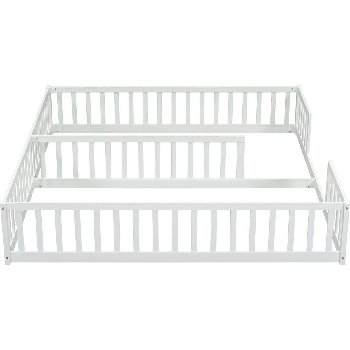 Double Twin Floor Bed with Fence, Guardrails, without door, White