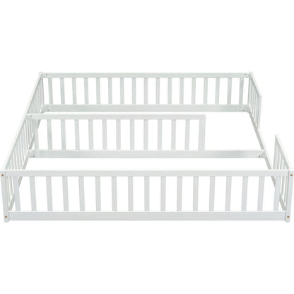 Double Twin Floor Bed with Fence, Guardrails, without door, White