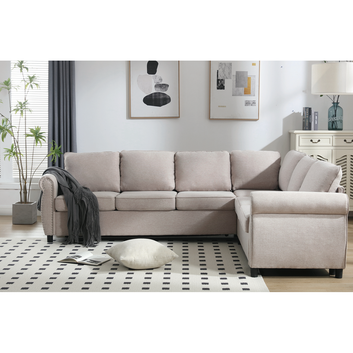 Sleeper Sofa, 2 in 1 Pull Out Couch Bed,6 seater sofa bed, L Shaped Sleeper Sectional Sofa Couch,Riveted sofa,104" Large combined sofa Bed in living room, Beige