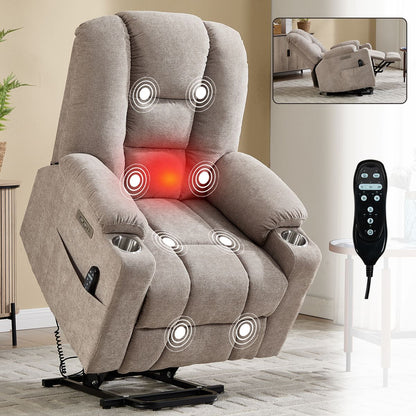 Power Lift Recliner Chair with Massage and Heat for Elderly, Overstuffed Wide Recliners, Heavy Duty Motion Mechanism with USB and Type C Ports, 2 Steel Cup Holders, Khaki