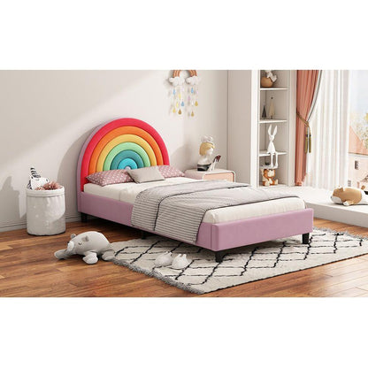 Rainbow Design Upholstered Twin Platform Bed Cute Style Princess Bed for Boys & Girls, Teens, Colorful & Pink