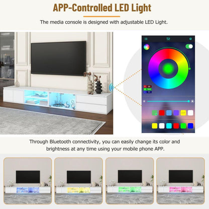 Modern APP Controlled LED TV Stand for TVs Up to 105", Faux Marble Tabletop Media Console with Tempered Glass Doors, Entertainment Center with 2 Drawers & Cabinets for Living Room, White