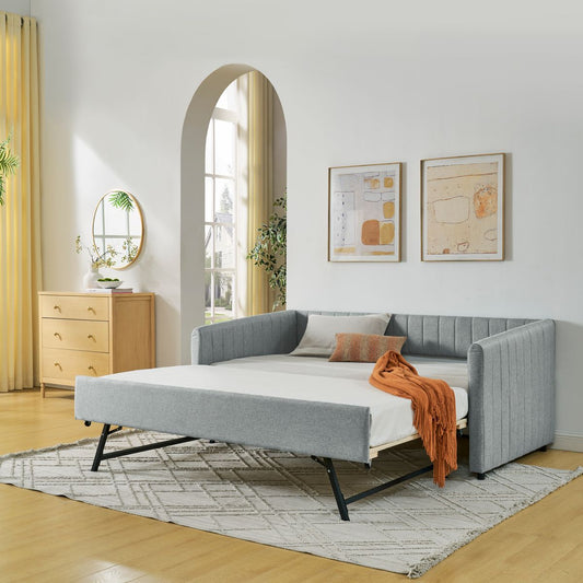 Twin Size Daybed with Trundle Upholstered Sofa Bed, with Vertical Stripes, Linen Fabric, Grey (82.5'x43'x30')