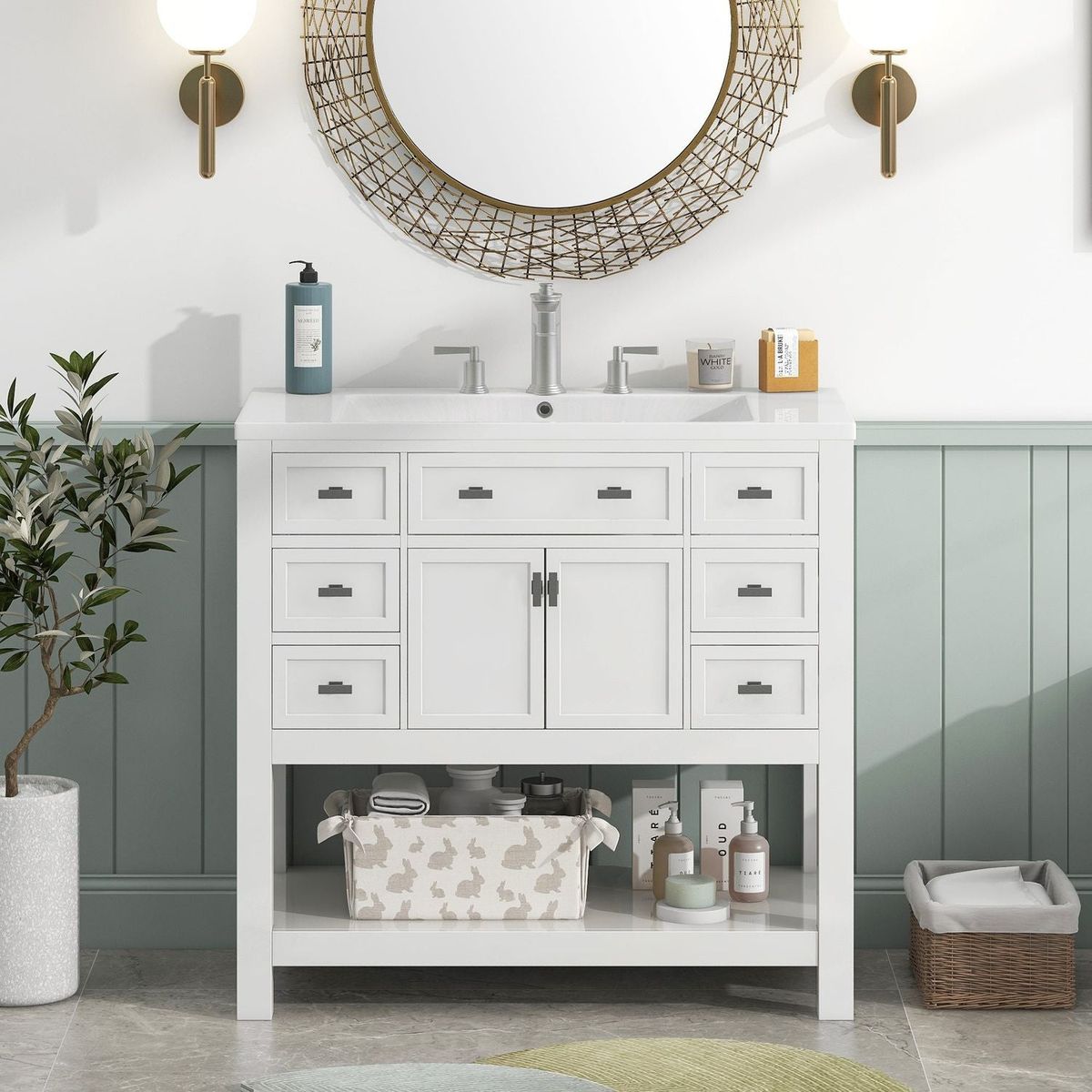 36" Bathroom Vanity with Top Sink, Modern Bathroom Storage Cabinet with 2 Soft Closing Doors and 6 Drawers, Single Sink Bathroom Vanity