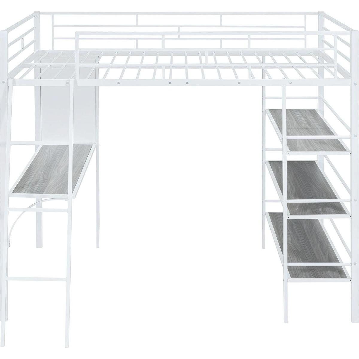 Full Size Loft Metal Bed with 3 Layers of Shelves and Desk, Stylish Metal Frame Bed with Whiteboard, White
