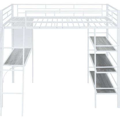 Full Size Loft Metal Bed with 3 Layers of Shelves and Desk, Stylish Metal Frame Bed with Whiteboard, White