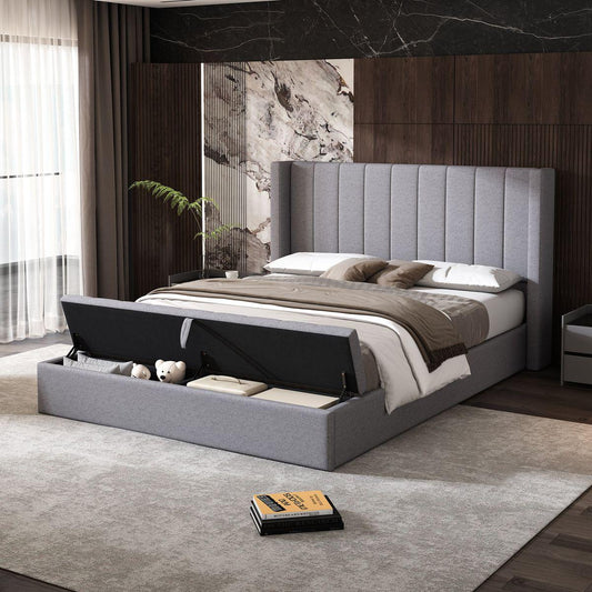 Queen Size Platform Bed with Headboard, Upholstered Platform Bed with Storage, Grey